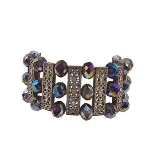 Vintage Style Rhinestone Iridescent Beaded Stretch Bracelet Gold-Tone Stretch